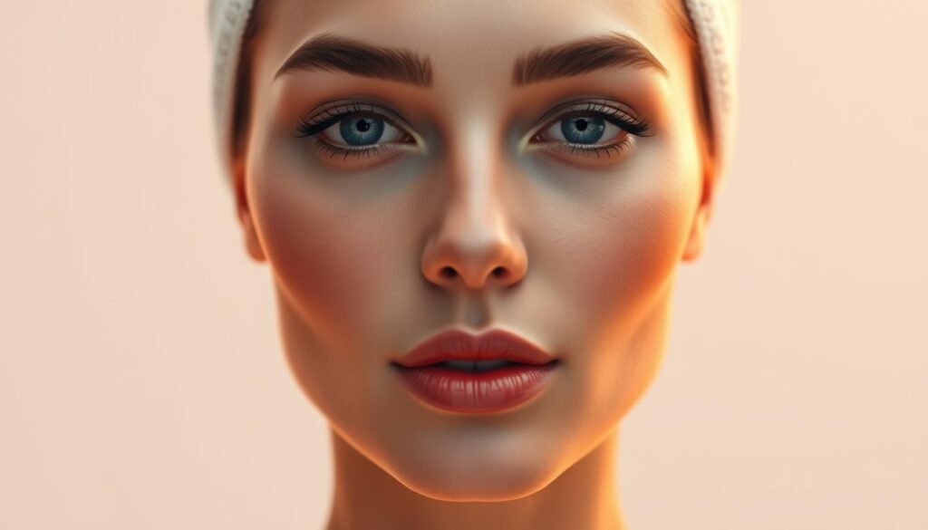 A high-definition, hyper-realistic digital illustration of a woman's face undergoing a nonsurgical facial contouring treatment using the Glowin Beaute OligioX radio wave technology. The subject's face appears to be illuminated by a warm, soft light, creating a glowing, ethereal effect. The skin is flawless, with a radiant, youthful complexion. The facial features are sharply defined, with a clearly sculpted V-shaped jawline and cheekbones. The composition focuses on the subject's face, with a clean, minimalist background that allows the facial features to be the central focus. The overall mood is one of rejuvenation, refinement, and a sense of transformation. A high-definition, hyper-realistic digital illustration of a woman's face undergoing a nonsurgical facial contouring treatment using the Glowin Beaute OligioX radio wave technology. The subject's face appears to be illuminated by a warm, soft light, creating a glowing, ethereal effect. The skin is flawless, with a radiant, youthful complexion. The facial features are sharply defined, with a clearly sculpted V-shaped jawline and cheekbones. The composition focuses on the subject's face, with a clean, minimalist background that allows the facial features to be the central focus. The overall mood is one of rejuvenation, refinement, and a sense of transformation.