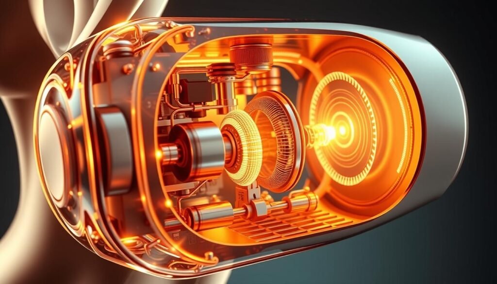 A highly detailed cross-section illustration of the inner workings of the Glowin Beaute OligioX radio wave mechanism. The cutaway view showcases the intricate circuitry, electromagnetic coils, and specialized components that generate the targeted radio frequencies to stimulate facial muscle contraction and skin tightening. Precise lighting and camera angles highlight the technical complexity, with a sleek, metallic aesthetic and warm, golden hues reflecting the high-tech, premium nature of the Glowin Beaute brand. The overall mood is one of scientific sophistication and engineering excellence. A highly detailed cross-section illustration of the inner workings of the Glowin Beaute OligioX radio wave mechanism. The cutaway view showcases the intricate circuitry, electromagnetic coils, and specialized components that generate the targeted radio frequencies to stimulate facial muscle contraction and skin tightening. Precise lighting and camera angles highlight the technical complexity, with a sleek, metallic aesthetic and warm, golden hues reflecting the high-tech, premium nature of the Glowin Beaute brand. The overall mood is one of scientific sophistication and engineering excellence.