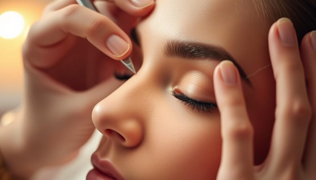A serene and intimate close-up view of a professional derBeaute technician's hands meticulously performing a delicate eyebrow threading procedure. The subject's face is softly illuminated by warm, diffused lighting, creating a soothing, spa-like atmosphere. The technician's skilled fingers gracefully manipulate the thread, meticulously shaping the client's eyebrows with precision and care. The background is blurred, keeping the focus on the intricate process unfolding. The image radiates a sense of tranquility and the expert attention to detail that is hallmark of the derBeaute brand.