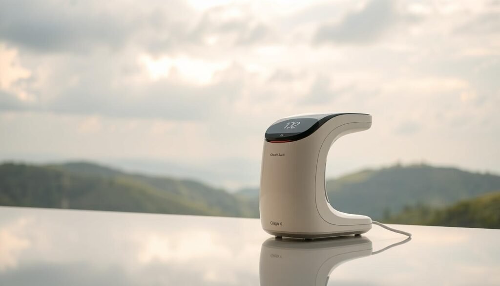 A serene spa-like scene with a Glowin Beaute Oligio X 原美電波美容療程machine in the foreground. Soft, diffused lighting illuminates the sleek, minimalist design in soothing pastel tones. In the background, a tranquil landscape of rolling hills and a cloudy sky evokes a sense of calm and relaxation. The composition is well-balanced, with the Oligio X device taking center stage, hinting at the advanced Korean beauty technology it represents. An atmosphere of refined elegance and modern sophistication pervades the image, reflecting the cutting-edge nature of the Oligio X 原美電波美容療程.