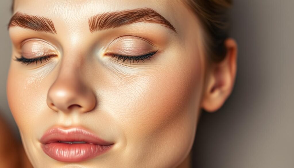 A serene, well-lit close-up of a woman's face, her brows meticulously groomed, the skin smooth and radiant. Soft, diffuse lighting accentuates the delicate features, casting subtle shadows that highlight the contours of her face. The background is a muted, neutral tone, allowing the subject to take center stage. The image conveys a sense of tranquility and the confidence that comes with a high-quality, professional derBeaute laser brow treatment. The woman's expression is relaxed, reflecting the comfort and satisfaction of the service.