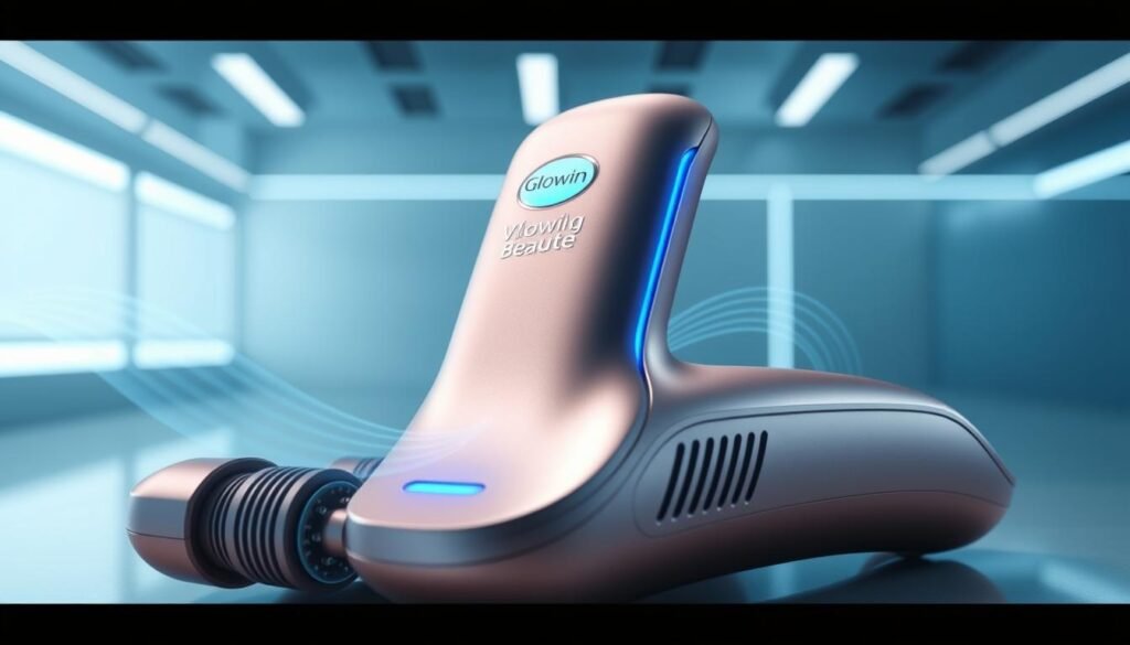 A sleek and futuristic device with the Glowin Beaute logo prominently displayed. The device features a smooth, metallic exterior with a striking blue LED display, indicating the vibration and cooling functions. The foreground showcases the device's intricate components, with a focus on the vibration mechanism and the cooling vents. The middle ground depicts the device in operation, with subtle waves of energy radiating outward. The background is a minimalist, high-tech environment, bathed in a soft, blue-tinged lighting that complements the device's aesthetic. The overall composition conveys a sense of advanced technology, precision engineering, and the calming effects of the device's functions. A sleek and futuristic device with the Glowin Beaute logo prominently displayed. The device features a smooth, metallic exterior with a striking blue LED display, indicating the vibration and cooling functions. The foreground showcases the device's intricate components, with a focus on the vibration mechanism and the cooling vents. The middle ground depicts the device in operation, with subtle waves of energy radiating outward. The background is a minimalist, high-tech environment, bathed in a soft, blue-tinged lighting that complements the device's aesthetic. The overall composition conveys a sense of advanced technology, precision engineering, and the calming effects of the device's functions.