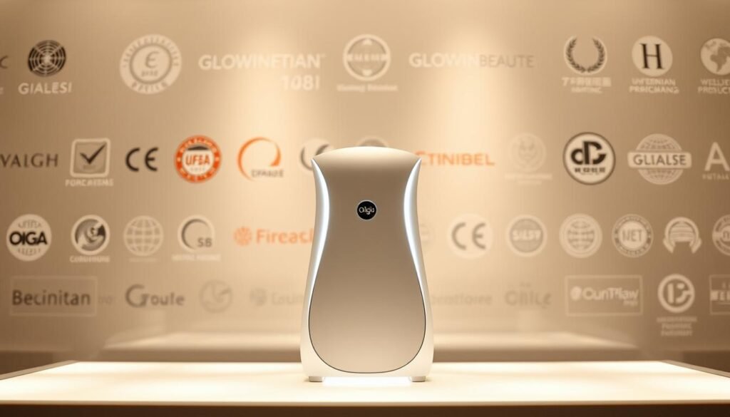 A sleek and modern product display showcasing the Glowin Beaute "Oligio X 原美電波" brand. Positioned prominently in the center, the device is illuminated by a warm, diffused lighting, highlighting its clean, minimalist design. In the background, a blurred array of international certification logos and seals convey the product's global recognition and quality standards. The overall composition exudes a sense of professionalism, innovation, and trust, aligning with the subject of Korean beauty trends and the section title "Oligio X 原美電波的多重國際認證". Prompt A sleek and modern product display showcasing the Glowin Beaute "Oligio X 原美電波" brand. Positioned prominently in the center, the device is illuminated by a warm, diffused lighting, highlighting its clean, minimalist design. In the background, a blurred array of international certification logos and seals convey the product's global recognition and quality standards. The overall composition exudes a sense of professionalism, innovation, and trust, aligning with the subject of Korean beauty trends and the section title "Oligio X 原美電波的多重國際認證". Prompt