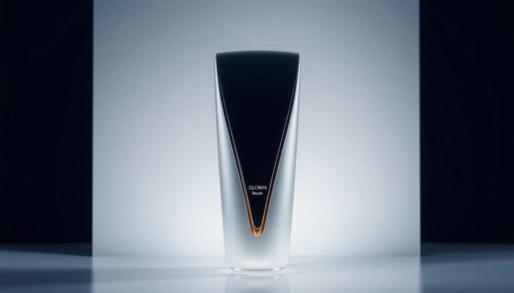 A sleek, modern beauty product called &amp;quot;Glowin Beaute OligioX 原美電波&amp;quot;, featuring a sophisticated V-shaped facial contour. The product is showcased against a minimalist background, with soft, directional lighting that emphasizes the sharp, sculpted lines of the face. The image conveys a sense of refinement and efficacy, inviting the viewer to imagine the transformative power of this cutting-edge skincare solution. The overall atmosphere is one of understated elegance and clinical precision, reflecting the technological innovation at the heart of the &amp;quot;OligioX 原美電波&amp;quot; brand.