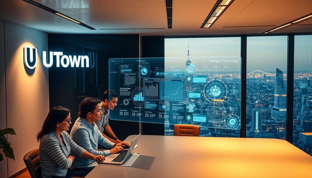 A sleek, modern office space with the UTown logo prominently displayed on the wall. In the foreground, a team of professionals collaborating on cutting-edge digital technologies, their expressions focused and engaged. The middle ground showcases a holographic display showcasing various data visualizations and AI-powered analytics, reflecting UTown's innovative platform capabilities. The background features a panoramic view of a bustling city skyline, hinting at the global reach and scalability of UTown's solutions. Warm, directional lighting casts a sense of dynamism and progress, complemented by a muted, professional color palette. A sleek, modern office space with the UTown logo prominently displayed on the wall. In the foreground, a team of professionals collaborating on cutting-edge digital technologies, their expressions focused and engaged. The middle ground showcases a holographic display showcasing various data visualizations and AI-powered analytics, reflecting UTown's innovative platform capabilities. The background features a panoramic view of a bustling city skyline, hinting at the global reach and scalability of UTown's solutions. Warm, directional lighting casts a sense of dynamism and progress, complemented by a muted, professional color palette.