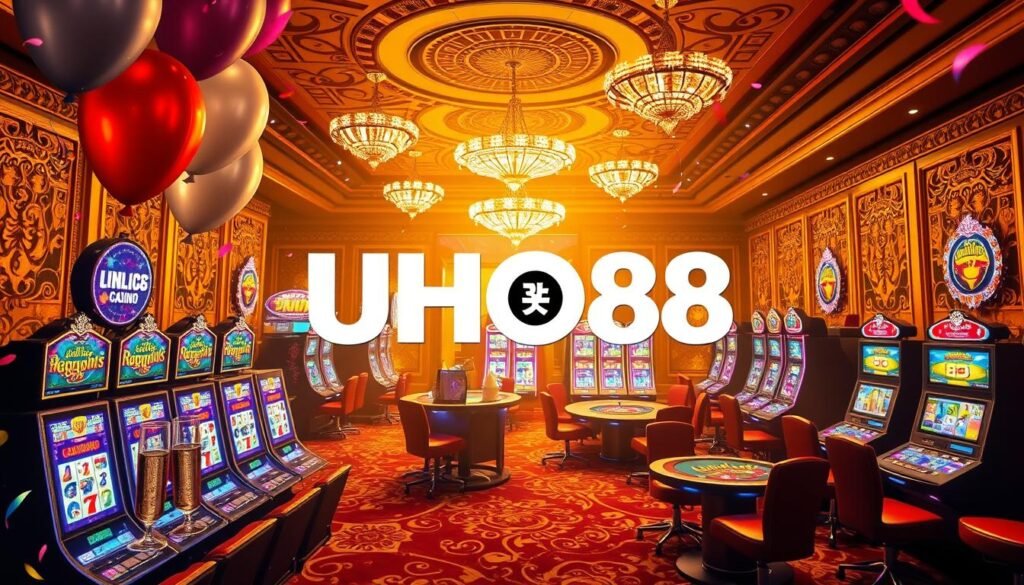 A vibrant and alluring casino-themed scene, featuring the UHO88 brand prominently displayed. In the foreground, a glamorous celebration unfolds, with balloons, confetti, and champagne flutes. The middle ground showcases an array of colorful slot machines and gaming tables, inviting players to partake in the excitement. The background is bathed in a warm, golden glow, creating a sense of opulence and luxury. Intricate patterns and ornate details adorn the environment, reflecting the high-end nature of the UHO88 entertainment experience. The overall mood is one of celebration, indulgence, and the promise of rewarding bonuses and promotions for the discerning casino enthusiast. A vibrant and alluring casino-themed scene, featuring the UHO88 brand prominently displayed. In the foreground, a glamorous celebration unfolds, with balloons, confetti, and champagne flutes. The middle ground showcases an array of colorful slot machines and gaming tables, inviting players to partake in the excitement. The background is bathed in a warm, golden glow, creating a sense of opulence and luxury. Intricate patterns and ornate details adorn the environment, reflecting the high-end nature of the UHO88 entertainment experience. The overall mood is one of celebration, indulgence, and the promise of rewarding bonuses and promotions for the discerning casino enthusiast.