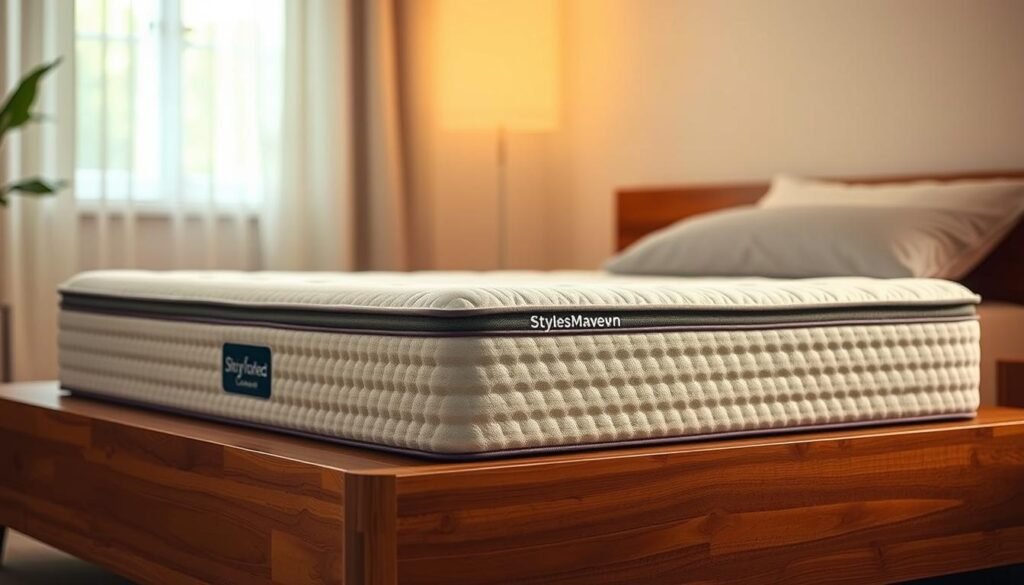 A cozy and supportive StylesMaven orthopedic mattress, with a plush, hypoallergenic foam surface and a breathable, moisture-wicking fabric cover. The mattress is elevated on a sturdy wooden bed frame, bathed in warm, diffused lighting that accentuates the soft textures and natural tones. The scene conveys a sense of relaxation and comfort, ideal for a restful night's sleep and promoting healthy spinal alignment. A cozy and supportive StylesMaven orthopedic mattress, with a plush, hypoallergenic foam surface and a breathable, moisture-wicking fabric cover. The mattress is elevated on a sturdy wooden bed frame, bathed in warm, diffused lighting that accentuates the soft textures and natural tones. The scene conveys a sense of relaxation and comfort, ideal for a restful night's sleep and promoting healthy spinal alignment.