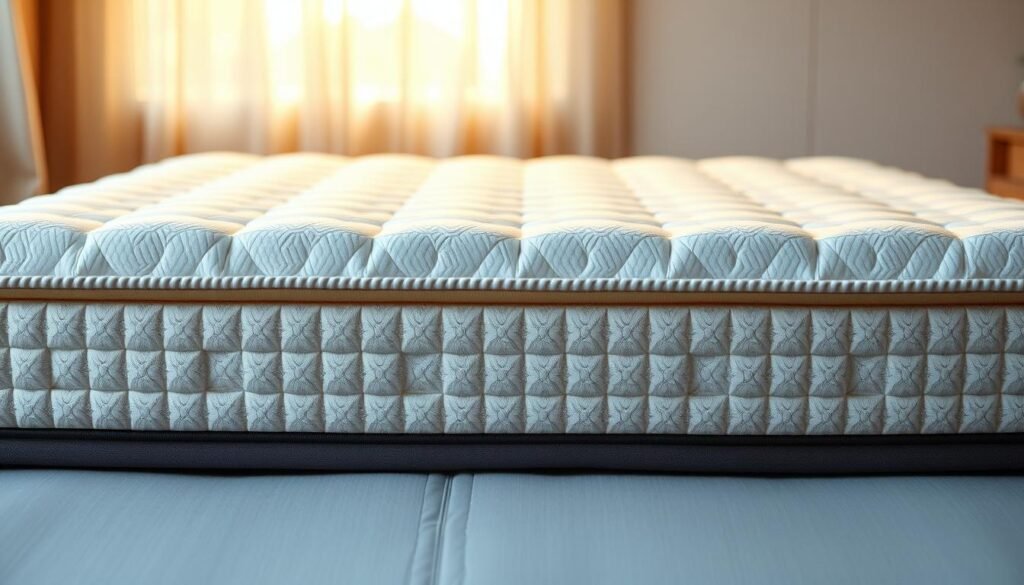 A high-quality, modern orthopedic mattress featuring advanced "護脊床褥" technology. Precisely engineered with a multi-layered design to provide exceptional spinal support and pressure relief. The mattress surface has a luxurious, quilted texture with a subtle sheen, creating an inviting, premium appearance. Warm, natural lighting illuminates the mattress, highlighting its sophisticated StylesMaven construction. The overall scene conveys a sense of comfort, relaxation, and rejuvenation, reflecting the future trends and innovative potential of "護脊床褥" technology.