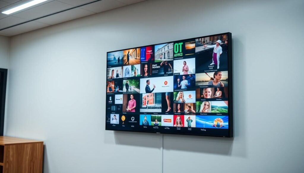 A large video display screen mounted on a wall, showcasing a diverse range of content. The screen is prominently featured, taking up the majority of the frame. The background is a clean, minimalist office or commercial space, with subtle lighting and neutral tones to keep the focus on the display. The screen is displaying a variety of images, videos, and information, reflecting the versatile applications of this Aloha display technology. The composition is well-balanced, with a clear emphasis on the screen and its capabilities. The overall mood is professional, modern, and visually compelling, highlighting the use of this display in a business or commercial setting.