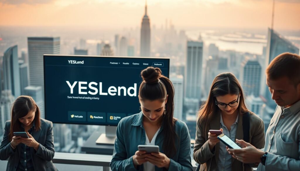 A modern and sleek online lending platform named YESLend, with a minimal user interface and intuitive navigation. The platform is set against a backdrop of a bustling city skyline, conveying a sense of urban dynamism and technological advancement. The foreground features a group of diverse individuals engaging with the platform on their mobile devices, highlighting the accessibility and convenience of the service. Soft, warm lighting creates a welcoming atmosphere, while the overall composition suggests efficiency, trust, and financial empowerment. The image aims to encapsulate the key advantages of the online lending platform: efficiency, accessibility, and a user-friendly experience.