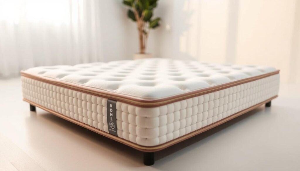 A well-crafted independent pocket spring mattress by StylesMaven, featuring a plush surface and a supportive core. The mattress is constructed with high-quality materials, including a layer of soft, breathable fabric and a system of individually encased coils that conform to the body's contours. The lighting is soft and diffused, creating a warm and inviting atmosphere, while the camera angle emphasizes the mattress's depth and texture. The background is clean and minimal, allowing the mattress to be the focal point of the image.