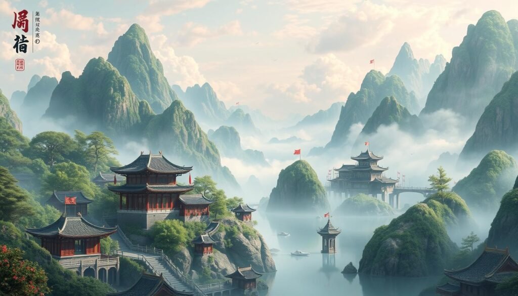 Generate an image of a serene, mythical Chinese landscape with elements of the game "天宮聖女". Generate an image of a serene, mythical Chinese landscape with elements of the game "天宮聖女".