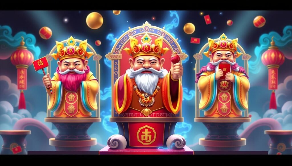 生成一張三星報喜老虎機遊戲的圖片，包含福祿壽三星和紅包獎勵元素。