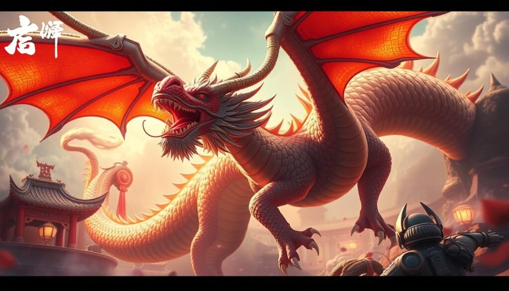 生成一張魔龍傳奇遊戲的圖片，包含東方龍的形象和華麗的遊戲畫面