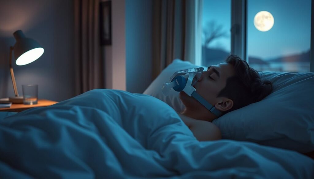 A cozy bedroom scene with a person resting comfortably in bed, wearing an iCareCPAP sleep apnea mask. The room is softly lit, creating a calming atmosphere. The bed is draped in soft, plush bedding, and the nightstand features a reading lamp and a glass of water. In the background, a window offers a serene view of a peaceful, moonlit landscape. The overall mood conveys a sense of relaxation and rejuvenation, highlighting the importance of professional sleep apnea mask adaptation training for a seamless integration into one's nighttime routine. A cozy bedroom scene with a person resting comfortably in bed, wearing an iCareCPAP sleep apnea mask. The room is softly lit, creating a calming atmosphere. The bed is draped in soft, plush bedding, and the nightstand features a reading lamp and a glass of water. In the background, a window offers a serene view of a peaceful, moonlit landscape. The overall mood conveys a sense of relaxation and rejuvenation, highlighting the importance of professional sleep apnea mask adaptation training for a seamless integration into one's nighttime routine.