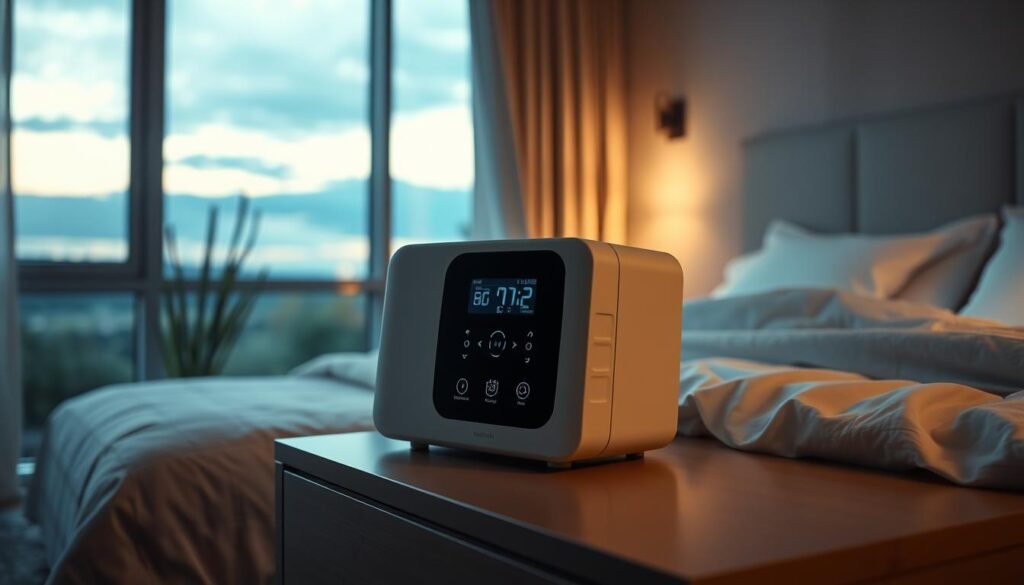 A cozy, well-lit bedroom with a modern, sleek Telecombrother home sleep apnea machine prominently displayed on a nightstand. The machine has a smooth, minimalist design with a digital display and intuitive controls. Soft, diffused lighting creates a soothing, spa-like atmosphere, while the machine's gently glowing indicators suggest its quiet, efficient operation. In the background, a large window offers a view of a serene, natural landscape, reinforcing the machine's role in promoting restful, restorative sleep. The overall composition conveys the machine's seamless integration into a comfortable, personalized sleep environment. A cozy, well-lit bedroom with a modern, sleek Telecombrother home sleep apnea machine prominently displayed on a nightstand. The machine has a smooth, minimalist design with a digital display and intuitive controls. Soft, diffused lighting creates a soothing, spa-like atmosphere, while the machine's gently glowing indicators suggest its quiet, efficient operation. In the background, a large window offers a view of a serene, natural landscape, reinforcing the machine's role in promoting restful, restorative sleep. The overall composition conveys the machine's seamless integration into a comfortable, personalized sleep environment.