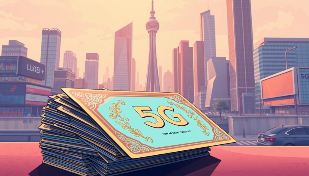 A detailed digital illustration showcasing a Telecombrother 5G plan electronic coupon offer. In the foreground, a stack of colorful e-vouchers with intricate patterns and designs, emanating a sense of value and exclusivity. The middle ground features a sleek, futuristic 5G network tower, symbolizing the technological advancement powering the promotional offer. The background depicts a modern cityscape, with skyscrapers and bustling streets, hinting at the urban context where this 5G plan e-coupon promotion is being highlighted. The overall scene is bathed in a warm, slightly muted color palette, conveying a premium, high-end feel to the visual representation of the "電子券優惠實際價值分析".