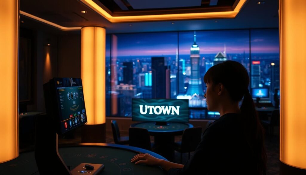 A dimly lit, cozy virtual casino interior with soft lighting and a sense of luxurious immersion. In the foreground, a young person engages with a high-quality, life-sized live dealer video screen, their face illuminated by the screen's glow. The middle ground features the UTown branding and a subtle, elegant gaming table setup. The background showcases a panoramic view of a vibrant, futuristic cityscape, creating a seamless blend of the digital and physical worlds.