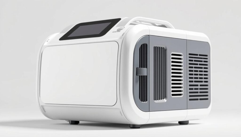 A highly detailed and realistic rendering of a modern sleep apnea machine, the iCareCPAP. The device is depicted on a clean, white background, showcasing its sleek and compact design. The front panel features a digital display and intuitive controls, while the sides have vents and air inlet ports. The machine is illuminated by soft, directional lighting, creating depth and highlighting its technical components. The overall mood is one of clinical precision and medical technology, conveying the device's purpose and effectiveness in treating sleep-disordered breathing. The image provides a clear, unobstructed view of the sleep apnea machine, suitable for illustrating the section on common issues and solutions with using such devices. A highly detailed and realistic rendering of a modern sleep apnea machine, the iCareCPAP. The device is depicted on a clean, white background, showcasing its sleek and compact design. The front panel features a digital display and intuitive controls, while the sides have vents and air inlet ports. The machine is illuminated by soft, directional lighting, creating depth and highlighting its technical components. The overall mood is one of clinical precision and medical technology, conveying the device's purpose and effectiveness in treating sleep-disordered breathing. The image provides a clear, unobstructed view of the sleep apnea machine, suitable for illustrating the section on common issues and solutions with using such devices.