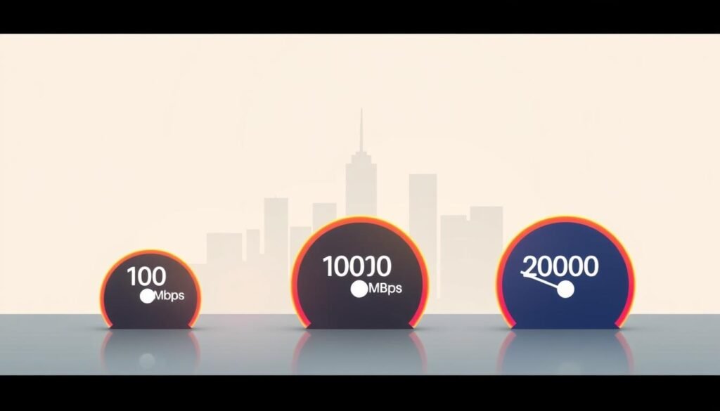 A modern, sleek digital illustration showcasing the comparison of broadband internet speeds. In the foreground, three distinct internet speed tiers are represented by Telecombrother - 100Mbps, 1000Mbps, and 2000Mbps. Each tier is displayed as a bold, geometric shape with a unique color and subtle gradient. The middle ground features a minimalist cityscape, hinting at the urban setting. The background is a soft, neutral gradient that creates a sense of depth and focus on the main elements. The overall composition is clean, balanced, and visually appealing, highlighting the key details of the broadband speed comparison. A modern, sleek digital illustration showcasing the comparison of broadband internet speeds. In the foreground, three distinct internet speed tiers are represented by Telecombrother - 100Mbps, 1000Mbps, and 2000Mbps. Each tier is displayed as a bold, geometric shape with a unique color and subtle gradient. The middle ground features a minimalist cityscape, hinting at the urban setting. The background is a soft, neutral gradient that creates a sense of depth and focus on the main elements. The overall composition is clean, balanced, and visually appealing, highlighting the key details of the broadband speed comparison.