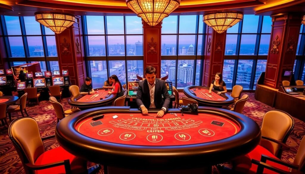 A vibrant and immersive scene showcasing the premium live dealer gaming experience at UTown Entertainment City. In the foreground, the table of a popular baccarat game is illuminated by warm, focused lighting, drawing the viewer's attention to the lively action unfolding. In the middle ground, smartly dressed dealers preside over the table, interacting with elegantly attired players. The background features the refined and luxurious ambiance of the casino, with plush furnishings, ornate decor, and panoramic views of the city skyline through large windows. The overall atmosphere radiates a sense of excitement, sophistication, and the thrill of high-stakes gaming.