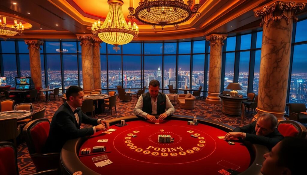 A visually striking scene depicting the stylish and immersive world of "UTown" online casino. In the foreground, a high-stakes poker table with elegantly dressed players engaged in a tense game, the gleam of chips and cards illuminated by warm, atmospheric lighting. In the middle ground, a lavish casino lounge with plush seating, ornate chandeliers, and a panoramic view of a vibrant city skyline outside. In the background, a sense of grandeur and sophistication, with towering marble columns, gilded accents, and a feeling of old-world European opulence. The overall aesthetic is a seamless blend of modern luxury and classic elegance, creating a captivating and immersive gaming experience. A visually striking scene depicting the stylish and immersive world of "UTown" online casino. In the foreground, a high-stakes poker table with elegantly dressed players engaged in a tense game, the gleam of chips and cards illuminated by warm, atmospheric lighting. In the middle ground, a lavish casino lounge with plush seating, ornate chandeliers, and a panoramic view of a vibrant city skyline outside. In the background, a sense of grandeur and sophistication, with towering marble columns, gilded accents, and a feeling of old-world European opulence. The overall aesthetic is a seamless blend of modern luxury and classic elegance, creating a captivating and immersive gaming experience.