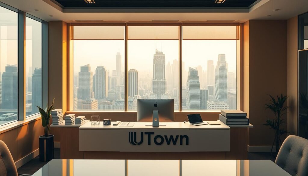 An elegant and serene office environment, with a large window overlooking a bustling city skyline. The desk features the UTown brand name prominently displayed, surrounded by neatly organized stationery and a sleek computer setup. Warm, diffused lighting creates a professional yet inviting atmosphere. The camera angle is slightly elevated, capturing the scene from an authoritative perspective. The overall impression conveys a sense of productivity, reliability, and a welcoming environment for prospective UTown customers to embark on their gaming journey. An elegant and serene office environment, with a large window overlooking a bustling city skyline. The desk features the UTown brand name prominently displayed, surrounded by neatly organized stationery and a sleek computer setup. Warm, diffused lighting creates a professional yet inviting atmosphere. The camera angle is slightly elevated, capturing the scene from an authoritative perspective. The overall impression conveys a sense of productivity, reliability, and a welcoming environment for prospective UTown customers to embark on their gaming journey.
