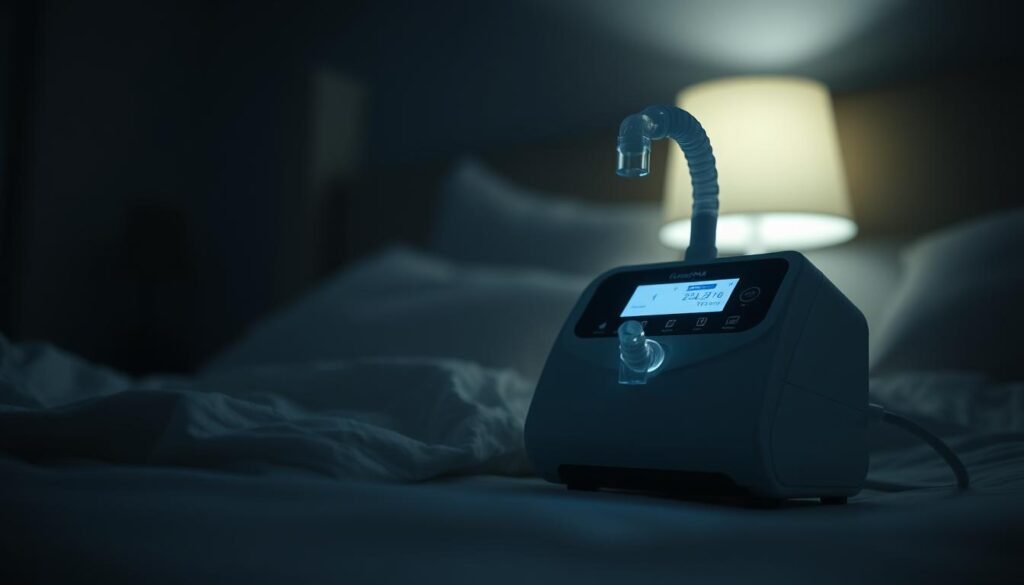 A close-up view of an iCareCPAP sleep apnea machine in a serene, dimly lit bedroom. The device's sleek, modern design is highlighted by soft, diffused lighting, casting gentle shadows that accentuate its curves. The machine's display panel glows softly, indicating its readiness to provide vital respiratory support during the user's slumber. The background is blurred, creating a sense of focus and importance on the sleep apnea machine's role in the user's post-surgical recovery journey. The overall mood is one of calm, comfort, and the reassurance that this essential medical device will help the patient breathe easily and rest peacefully.