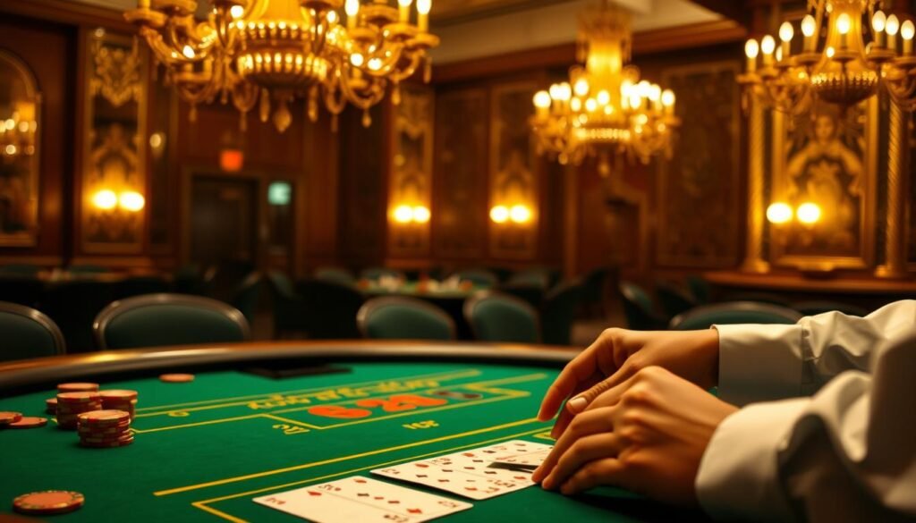 A dimly lit casino table with a green felt surface, the iconic baccarat cards and chips arranged neatly. The table is situated in a grand, ornate room with ornate chandeliers casting a warm, golden glow. In the foreground, a croupier's hands expertly deal the cards, their movements smooth and practiced. The background is hazy, conveying a sense of focus on the gameplay. The overall atmosphere is one of elegance, tradition, and the thrill of the game, capturing the essence of the "掌握百家樂規則的技巧" section.