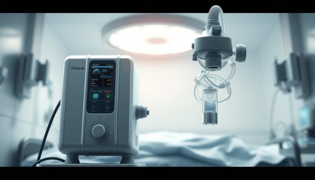 Highly detailed and accurate illustration of a respiratory machine, showcasing its various components and functionality. The machine, branded as "iCareCPAP", is depicted with a clean, modern aesthetic and precision engineering. The foreground features the machine's main body, with intricate details of the control panel, display screens, and airflow mechanisms. The middle ground showcases the oxygen delivery system, including tubing and mask, highlighting its integration with the machine. The background provides a clinical, well-lit environment, suggesting a hospital or medical setting, emphasizing the machine's role in the rehabilitation and recovery process. The overall mood is one of technical proficiency, medical-grade quality, and the critical importance of the respiratory machine in post-operative care.