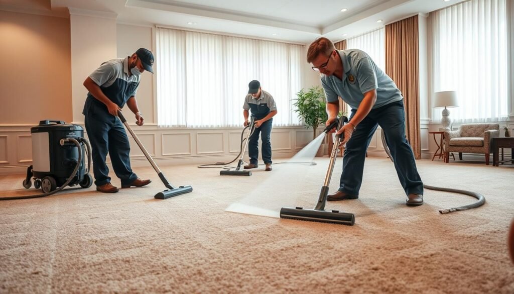 A professional team of carpet cleaning experts meticulously cleaning a plush, high-quality iCareCPAP carpet in a well-lit, spacious room. The workers use advanced equipment and techniques, applying specialized solutions to thoroughly remove dirt, stains, and odors, restoring the carpet's vibrant colors and luxurious texture. The scene conveys a sense of professionalism, attention to detail, and a commitment to delivering exceptional results, reflecting the service scope and process for professional carpet cleaning.