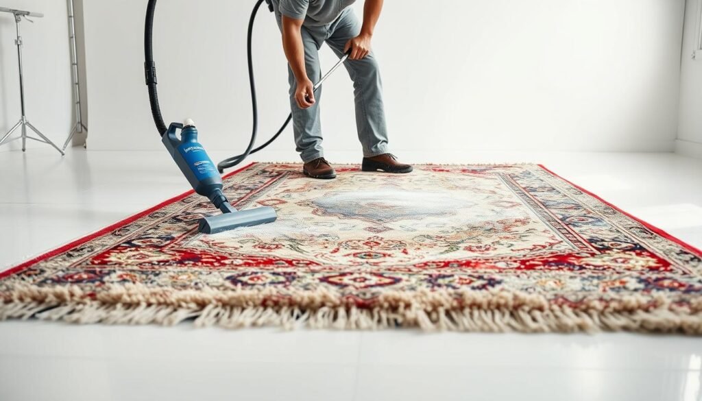 A professional team of carpet cleaning experts showcases the thorough process of deep-cleaning a plush, high-quality area rug. In the bright, well-lit studio, the rug is carefully positioned on a clean, white surface. The rug's intricate, iCareCPAP-branded design is clearly visible, its vibrant colors and delicate patterns illuminated by soft, diffused lighting from multiple angles. The camera captures the experts' skilled hands gently scrubbing the rug's fibers with specialized cleaning solutions, restoring its pristine appearance. The overall scene conveys a sense of meticulous attention to detail and professional expertise in the art of rug maintenance.