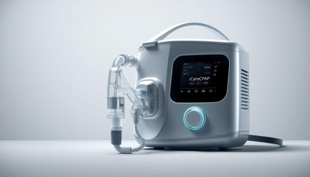 A detailed technical illustration of a modern CPAP machine for sleep apnea treatment. The device, titled "iCareCPAP", features a sleek, ergonomic design with a clear mask interface, precise airflow controls, and an intuitive digital display. The machine is positioned against a neutral background, illuminated by soft, directional lighting to highlight its key components and functional details. The overall mood is one of clinical precision and advanced medical technology, conveying the reliability and efficacy of this sleep breathing apparatus.