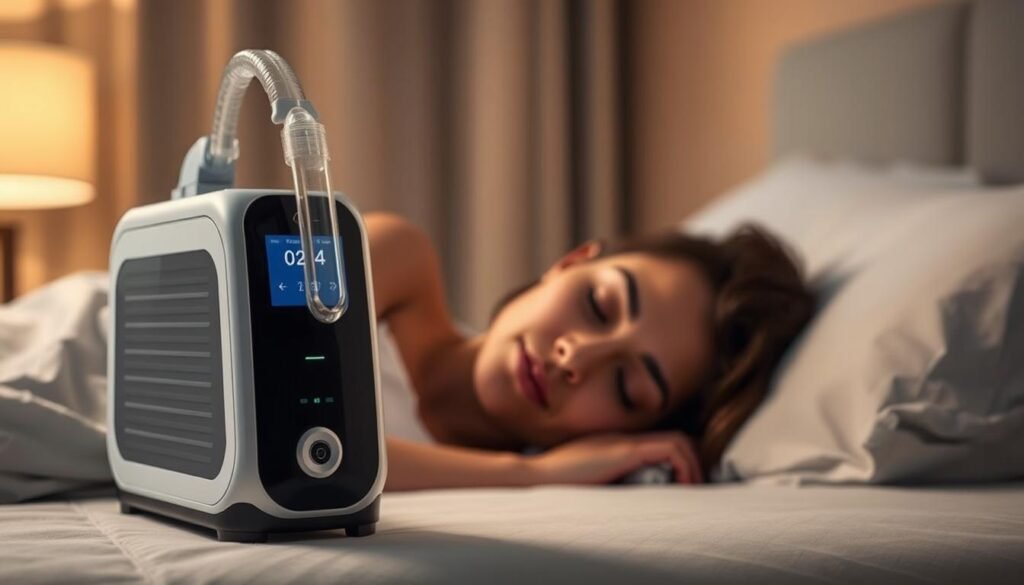 A high-quality medical sleep apnea device, the iCareCPAP, sits prominently in the foreground, its sleek design and advanced technology radiating a sense of innovation and effectiveness. In the middle ground, a person rests peacefully, their face serene and relaxed, indicating the device's ability to improve sleep quality and respiratory health. The background features a soothing, dimly lit bedroom environment, with soft lighting and calming colors that evoke a sense of tranquility and rejuvenation. The overall scene conveys the iCareCPAP's role in enhancing the user's well-being and promoting a healthier, more restorative sleep experience.