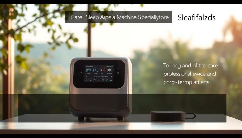 A sleek, modern iCareCPAP sleep apnea machine rests on a clean, minimalist table. Warm, indirect lighting casts a soft glow, highlighting the machine's elegant curves and high-quality materials. In the background, a serene, natural landscape with lush greenery and a calming atmosphere creates a sense of tranquility. The composition emphasizes the machine's high-tech functionality and the professional, specialized service of the "Yalong Sleep Apnea Machine Specialty Store." The image conveys a sense of comfort, care, and expertise in managing sleep apnea patients' long-term needs.