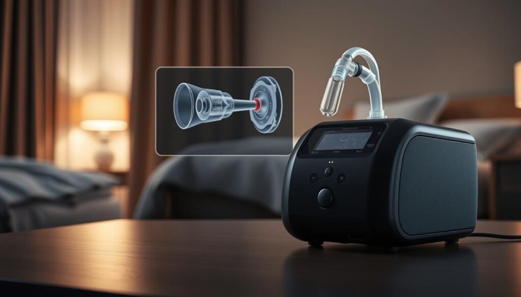 A sleek, state-of-the-art iCareCPAP sleep apnea machine prominently displayed in the foreground. The device features a minimalist, matte black design with smooth contours and intuitive controls. In the middle ground, a detailed illustration of the machine's internal components, highlighting its advanced respiratory technology. The background is a serene, dimly lit bedroom setting, conveying the importance of proper sleep management for sleep apnea patients. The overall scene is captured with a sharp, high-resolution lens, illuminated by soft, ambient lighting to emphasize the machine's sleek, modern aesthetic and its vital role in managing sleep-disordered breathing.