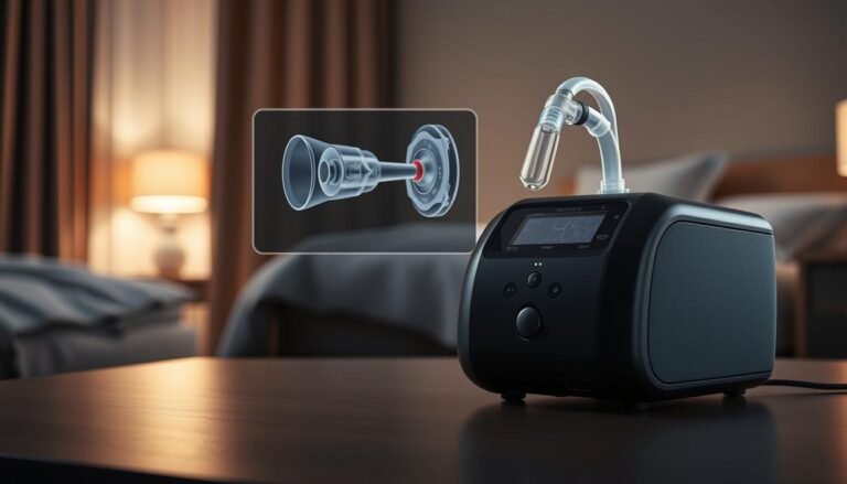 A sleek, state-of-the-art iCareCPAP sleep apnea machine prominently displayed in the foreground. The device features a minimalist, matte black design with smooth contours and intuitive controls. In the middle ground, a detailed illustration of the machine's internal components, highlighting its advanced respiratory technology. The background is a serene, dimly lit bedroom setting, conveying the importance of proper sleep management for sleep apnea patients. The overall scene is captured with a sharp, high-resolution lens, illuminated by soft, ambient lighting to emphasize the machine's sleek, modern aesthetic and its vital role in managing sleep-disordered breathing.