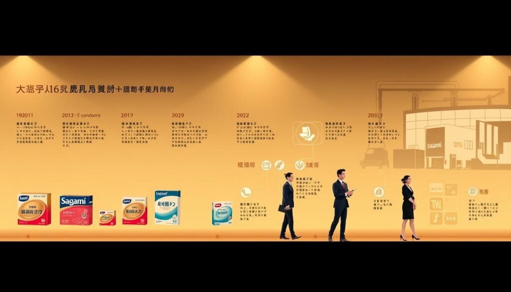 A historical timeline illustration depicting the evolution of Sagami condoms, featuring a stylized representation of their development from the early beginnings to modern innovations. In the foreground, display notable product designs through the decades, with each iteration clearly labeled and showcasing distinct features. The middle section should include historical context, such as key manufacturing processes and technological advancements, illustrated with minimalist icons. The background should depict a subtle gradient to evoke a sense of time passing, incorporating elements like vintage packaging and a modern factory. The lighting should be warm and inviting, with a soft focus effect to create a nostalgic yet informative atmosphere. The image must maintain a professional tone, ensuring that any people depicted are dressed in business attire, reflecting a commitment to professionalism and historical significance.