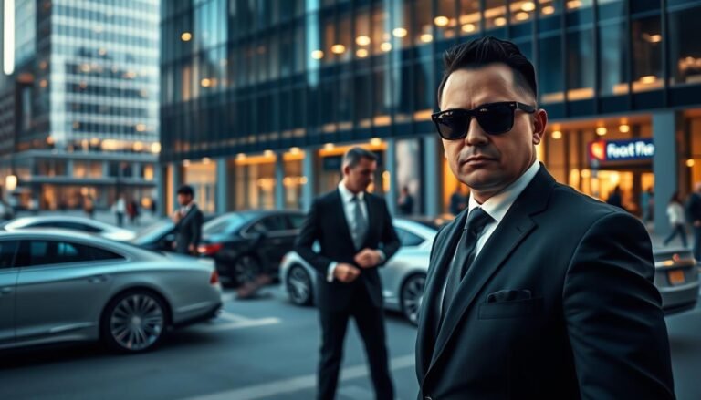 A professional bodyguard standing confidently in an urban environment, dressed in a tailored black suit and sunglasses, symbolizing strength and vigilance. In the foreground, the bodyguard faces the viewer, with an assertive yet approachable demeanor. In the middle, an elite client, a business executive in formal attire, is engaged in animated conversation with another bodyguard, highlighting the dynamic of personal security service. The background features a high-end office building, sleek cars, and bustling city life, suggesting an atmosphere of safety amidst activity. The scene is illuminated by soft evening light, casting dramatic shadows that enhance the tension while conveying a sense of protection and professionalism, evoking the critical role of bodyguards in personal security.