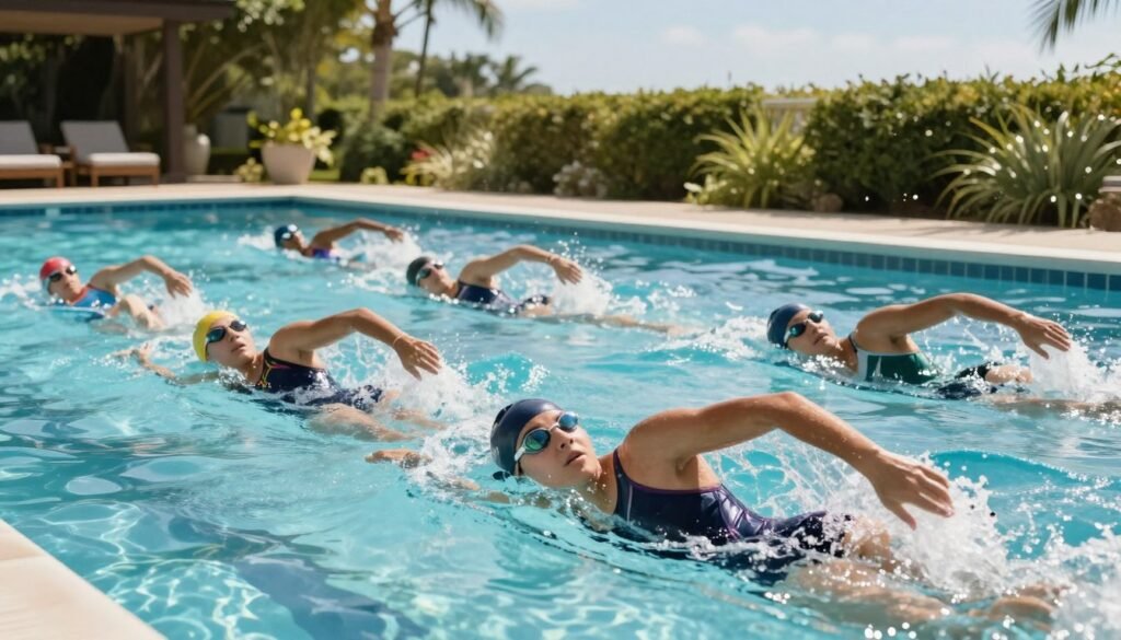 A serene poolside scene illustrating the relationship between swimwear comfort and athletic performance. In the foreground, a diverse group of athletes in modest, sporty swimwear demonstrates various swimming strokes and techniques. The middle ground features a clear swimming pool reflecting the sunlight, with detailed water ripples showing the movement of the swimmers. In the background, lush greenery and a clear blue sky add a peaceful ambiance. Natural sunlight bathes the scene, highlighting the athletes' focused expressions and athletic forms, emphasizing their comfort and efficiency in movement. The mood is vibrant and energetic, conveying a sense of determination and performance, with an emphasis on the importance of comfortable swimwear in enhancing athletic capabilities.