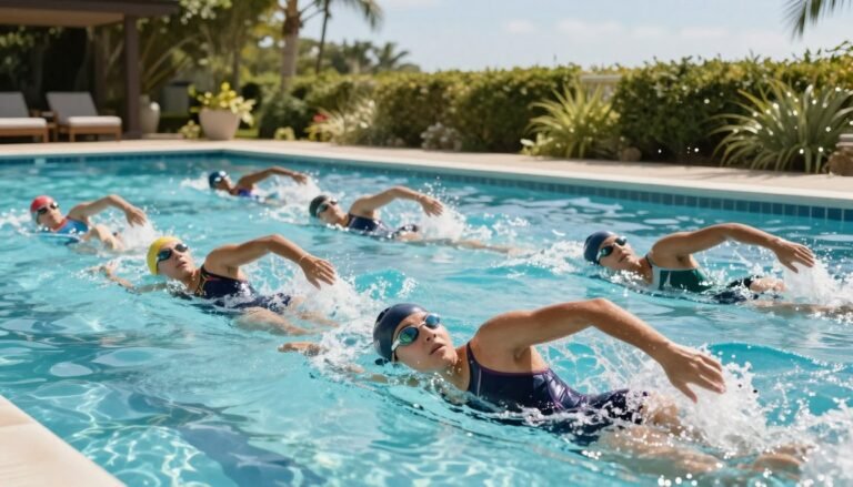 A serene poolside scene illustrating the relationship between swimwear comfort and athletic performance. In the foreground, a diverse group of athletes in modest, sporty swimwear demonstrates various swimming strokes and techniques. The middle ground features a clear swimming pool reflecting the sunlight, with detailed water ripples showing the movement of the swimmers. In the background, lush greenery and a clear blue sky add a peaceful ambiance. Natural sunlight bathes the scene, highlighting the athletes' focused expressions and athletic forms, emphasizing their comfort and efficiency in movement. The mood is vibrant and energetic, conveying a sense of determination and performance, with an emphasis on the importance of comfortable swimwear in enhancing athletic capabilities.