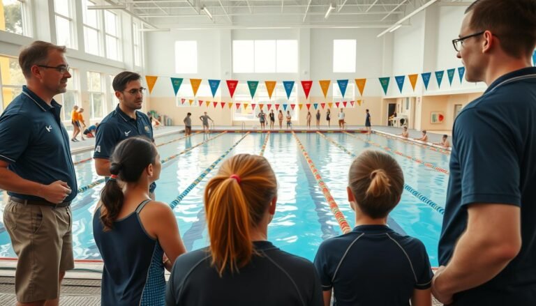 A vibrant, well-organized swimming training facility, showcasing a comprehensive coach development system. In the foreground, a group of enthusiastic swimming coaches, dressed in professional casual attire, are engaged in a dynamic discussion about training techniques. In the middle, various training stations are set up, featuring swimming techniques, drills, and a coach demonstrating a technique to attentive trainees. The background features a bright, spacious swimming pool with natural light filtering in through large windows, creating an inviting and motivational atmosphere. The scene conveys professionalism and dedication, emphasizing the core role of swimming coaches in the training framework. The entire composition is captured with a wide-angle lens to encompass the activity and energy of the training environment, with a warm, uplifting mood.