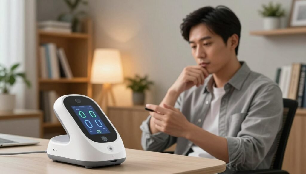 A detailed diagram illustrating the impact of a male health device on physiological well-being. In the foreground, feature a clear representation of the device, styled with sleek lines and a modern design, placed on a soft surface. In the middle ground, depict a professional, modestly dressed male figure seated thoughtfully, analyzing the device's benefits with a focused expression. The background should include a cozy, softly lit office environment with warm lighting, bookshelves filled with health literature, and plants to create an inviting atmosphere. The overall mood is informative and reflective, utilizing a 4:3 aspect ratio to emphasize the educational theme, while ensuring a cinematic vibe that fosters a sense of calm and professionalism.
