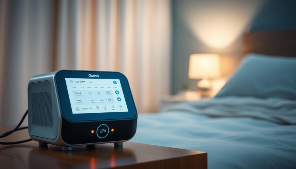 A Good CPAP sleep apnea machine, designed with sleek modern aesthetics and intuitive features, placed prominently in the foreground. The device should showcase its integrated data upload functionality with glowing indicators and a user-friendly interface. In the middle ground, include soft, blurred outlines of a comforting bedroom setting with calming colors, such as warm blues and gentle whites, providing a serene atmosphere. The background features a subtle nightstand with a lamp casting a soft glow, emphasizing tranquility. The lighting is soft and ambient, creating a warm, inviting space perfect for restful sleep. The overall mood should feel safe, professional, and soothing, ideal for conveying the reliability of Good CPAP technology. A Good CPAP sleep apnea machine, designed with sleek modern aesthetics and intuitive features, placed prominently in the foreground. The device should showcase its integrated data upload functionality with glowing indicators and a user-friendly interface. In the middle ground, include soft, blurred outlines of a comforting bedroom setting with calming colors, such as warm blues and gentle whites, providing a serene atmosphere. The background features a subtle nightstand with a lamp casting a soft glow, emphasizing tranquility. The lighting is soft and ambient, creating a warm, inviting space perfect for restful sleep. The overall mood should feel safe, professional, and soothing, ideal for conveying the reliability of Good CPAP technology.