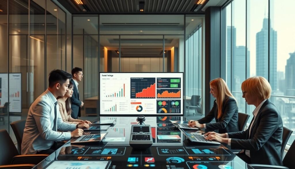 A modern office environment showcasing the data analysis methods and user experience optimization of 3A Entertainment. In the foreground, a diverse group of professionals dressed in smart business attire collaborates around a high-tech conference table filled with digital devices displaying graphs and colorful data visualizations. In the middle, a large screen presents intricate charts and analytics, highlighting insights into user preferences among Taiwanese players. The background features glass walls with a city skyline view, ensuring a bright, inviting atmosphere with natural light. The mood conveys innovation and teamwork, with a focus on technology-driven decision-making processes, using warm lighting to create an engaged and dynamic space.