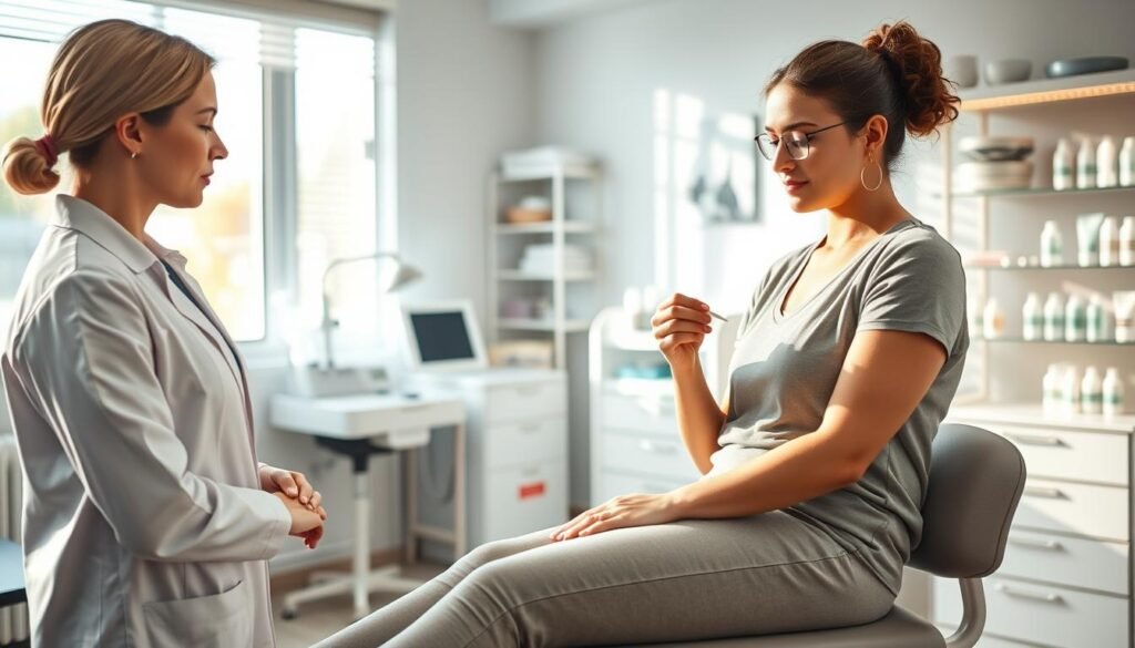 A serene clinical setting focused on post-laser wart removal care. In the foreground, a professional healthcare worker in a white lab coat, gently applying a soothing ointment on a patient's skin, showcasing their attentiveness. The patient, dressed in modest casual clothing, sits comfortably on an examination table, looking relaxed and reassured. In the middle ground, a well-lit, organized medical space filled with dermatological equipment, sterile tools, and soft natural light streaming through a window, creating a warm atmosphere. In the background, blurred shelves stocked with skincare products, emphasizing the importance of aftercare. The overall mood is calm and professional, reflecting trust and care in the healing process.