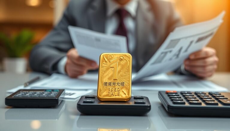A close-up view of a gold bar weighing one tael, placed on a sleek, polished table with a calculator and documents in the foreground to represent a financial transaction. The background features a blurred office setting with soft, warm lighting that suggests professionalism and trust. The scene should exhibit a sense of seriousness and diligence, with a person dressed in business attire (suit and tie) in the mid-background, analyzing the documents attentively. The focus is on the gold bar and the financial elements, highlighting the connection between gold value and currency, specifically in New Taiwan Dollars. The composition should convey a mood of accountability and regulation compliance.