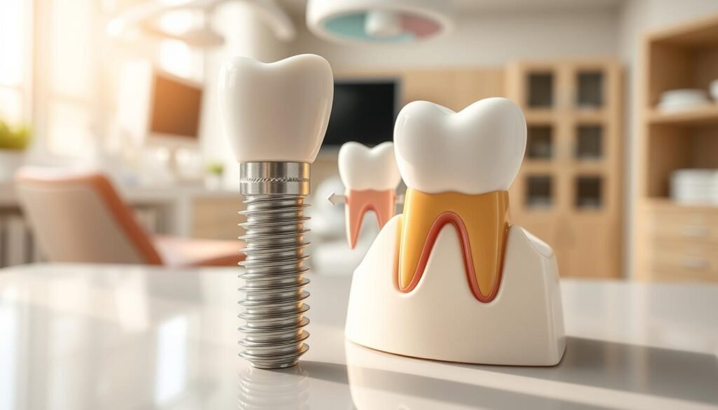 A detailed and informative dental setup illustrating the compatibility between a dental implant, specifically a "杜牙根" (root form implant), and a ceramic crown. In the foreground, display a close-up of a dental model showcasing the implant with a perfectly fitted ceramic crown, highlighting the smoothness and detail of the crown's surface. In the middle layer, include an anatomically accurate representation of the surrounding teeth and gum tissue, indicating the supportive structure and overall fit. In the background, softly blur a well-equipped dental clinic, bathed in bright, natural lighting to convey a clean and professional atmosphere. The image should evoke a sense of precision and care, focusing on the importance of choosing the right ceramic crown for long-term dental health.