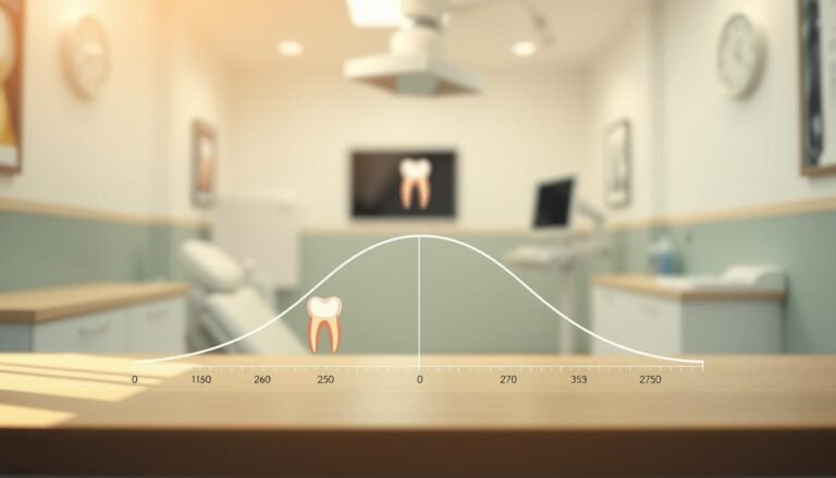 A detailed infographic illustrating the concept of the "smile curve" in relation to dental health. The foreground features a prominent smile curve graph, with a smooth, upward arc representing ideal oral alignment. In the middle ground, include dental imagery such as a diagram of canine and incisor teeth, highlighting areas prone to damage. The background should consist of a subtle, soft-focus dental clinic environment, conveying a sense of professionalism and care. Use natural lighting to enhance the clarity of the graph, and apply a warm color palette to evoke a welcoming atmosphere. The perspective should be slightly elevated, allowing for a comprehensive view that emphasizes the importance of proper dental alignment in maintaining a healthy smile.