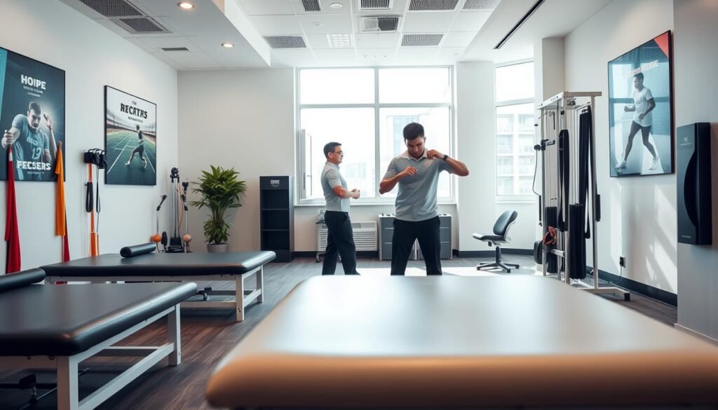 A modern sports therapy clinic in Wan Chai, showcasing advanced rehabilitation equipment for shoulder impingement recovery. The foreground features a well-organized therapy area with adjustable treatment tables, resistance bands, and specialized shoulder exercise devices. In the middle background, a professional therapist in a smart polo shirt assists a patient, both focused on their rehabilitation exercises. Bright, natural light filters through large windows, highlighting the clean, welcoming space. The walls are adorned with motivational sports prints, creating an encouraging atmosphere. The view captures the essence of recovery and professionalism, with an emphasis on support and expertise in a serene environment. The angle should be slightly elevated, giving a comprehensive view of the therapy setup while maintaining a warm and inviting mood.